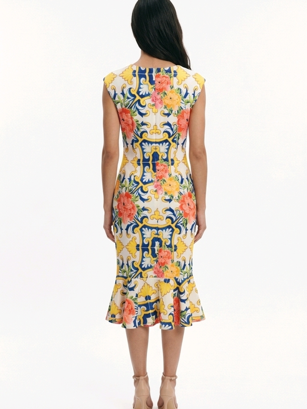New York & Company Yellow Floral and Blue Patterned Midi Dress with Flounce Hem - Picture 2 of 4